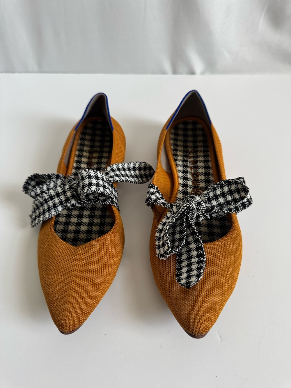Rothy’s Women’s Mustard Pointed-Toe Bow Flats with houndstooth ties - size 10 - Picture 2 of 5